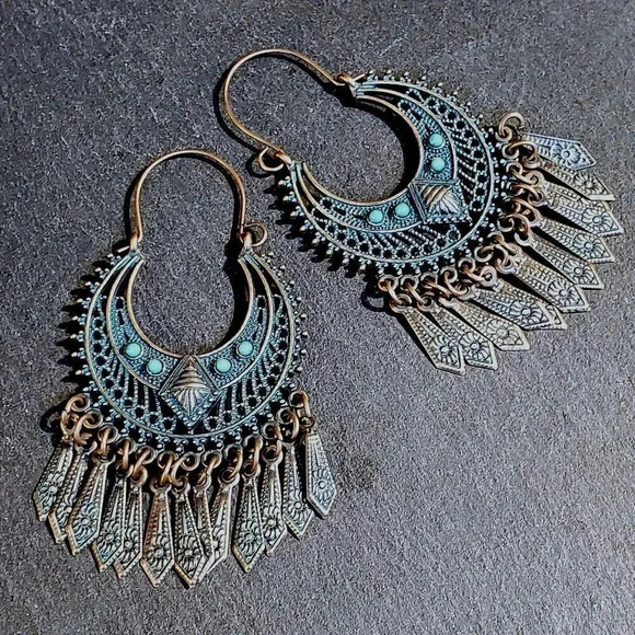 Antique Copper Verdigris Blue Green Patina Edgy Geometric Dangles Earrings - Picture 2 of 8